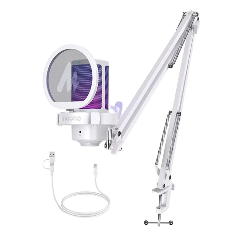Maono DGM20G S GamerWave USB RGB Condenser Noise Canceling Microphone with Boom Arm (Black, White)