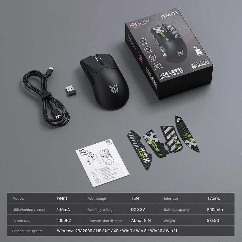 Onikuma DM01 Tri-Mode RGB Wireless Gaming Mouse (Black, White)