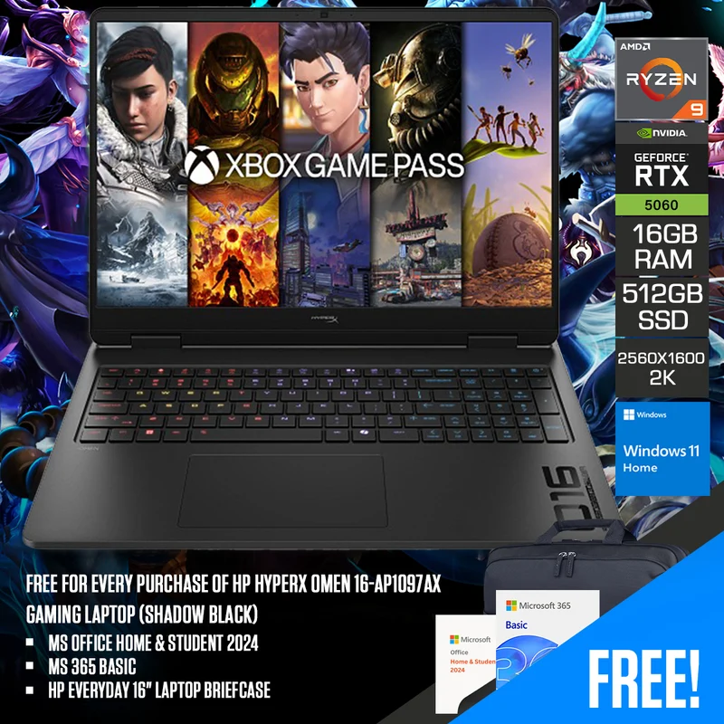 HP HyperX OMEN 16-ap1097AX Gaming Laptop (Shadow Black) | 16" 2.5K (2560x1600) IPS 240Hz | Ryzen 9 8940HX | 16GB RAM | 512GB SSD | RTX 5060 | Windows 11 Home | MS Office Home & Student 2024 + MS 365 Basic + HP Everyday 16" Laptop Briefcase