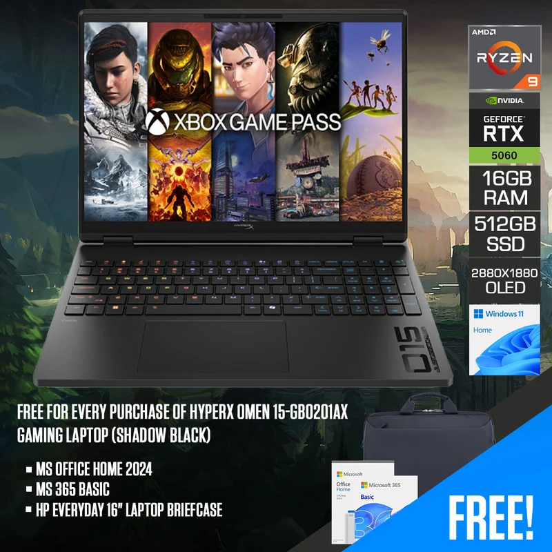 HP HyperX OMEN 15-gb0201AX Gaming Laptop (Shadow Black) | 15.3" 3K (2880x1800) OLED 120Hz | Ryzen 9 8940HX | 16GB RAM | 512GB SSD | RTX 5060 | Windows 11 Home | MS Office Home & Student 2024 + MS 365 Basic + HP Everyday 16" Laptop Briefcase