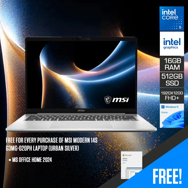 MSI Modern 14S G3MG-020PH Laptop (Urban Silver) | 14" FHD+ (1920x1200) 120Hz IPS | Core 5 320 | 16GB RAM | 512GB SSD | Intel Graphics | Windows 11 Home | MS Office Home 2024