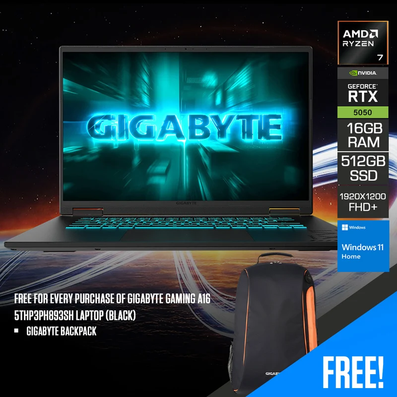 Gigabyte Gaming A16 5THP3PH893SH Laptop (Black) | 16" FHD+ (1920x1200) 165Hz IPS | Ryzen 7 170 | 16GB RAM | 512GB SSD | RTX 5050 | Windows 11 Home | Gigabyte Backpack