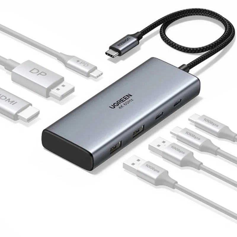 Ugreen USB-C to HDMI + DP + 2xUSB-C + 2xUSB-A (7-in-1) Hub - 15cm (Gray) (CM498/75902)