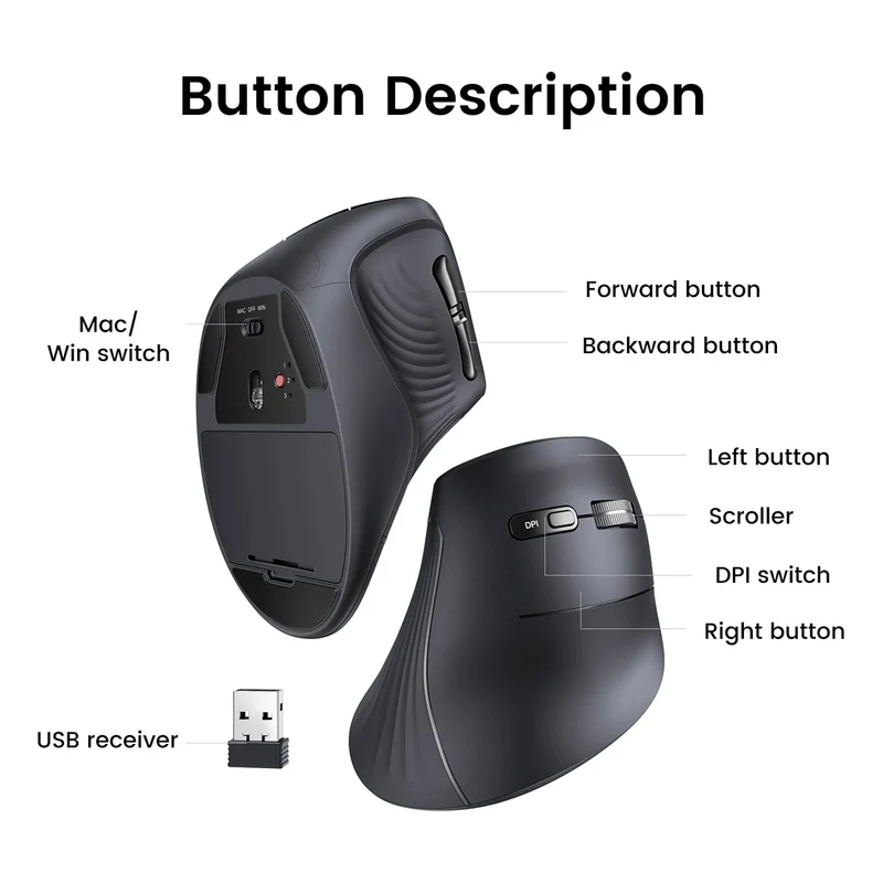 Ugreen Multi-Mode 4000DPI Mini Wireless Vertical Mouse (Black) (MU008Smini/85310)