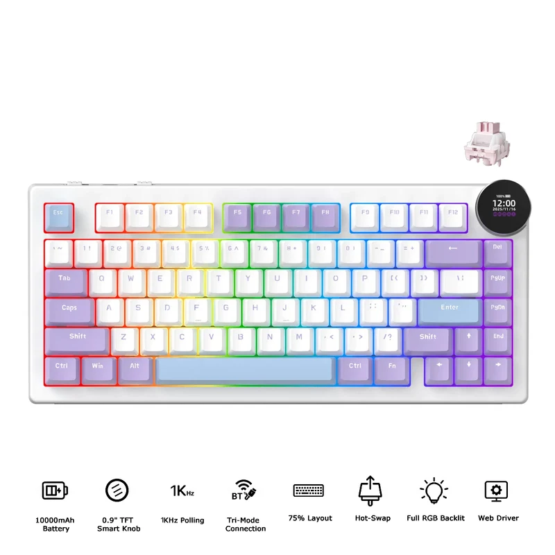 Ajazz AK820 V2 RGB Tri-Mode Mechanical Keyboard (Purple White Blue) (White Peach Switch)