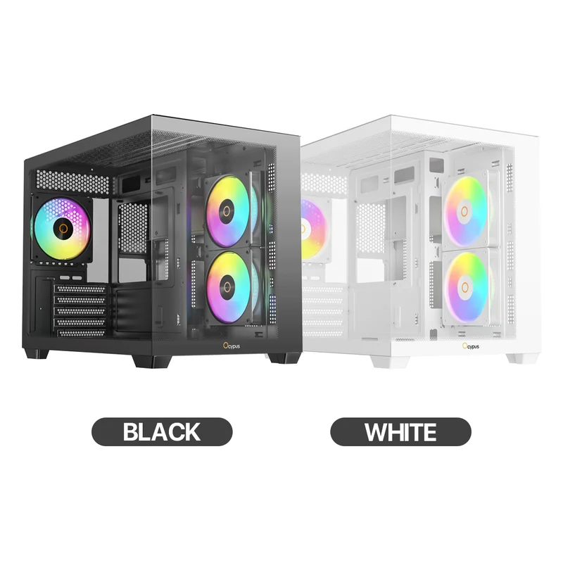 Ocypus Gamma C54 Mini-Tower Panoramic PC Case with ARGB Fans (Black, White) (Gamma-C54-BKD300XX-GL, Gamma-C54-WHD300XX-GL)