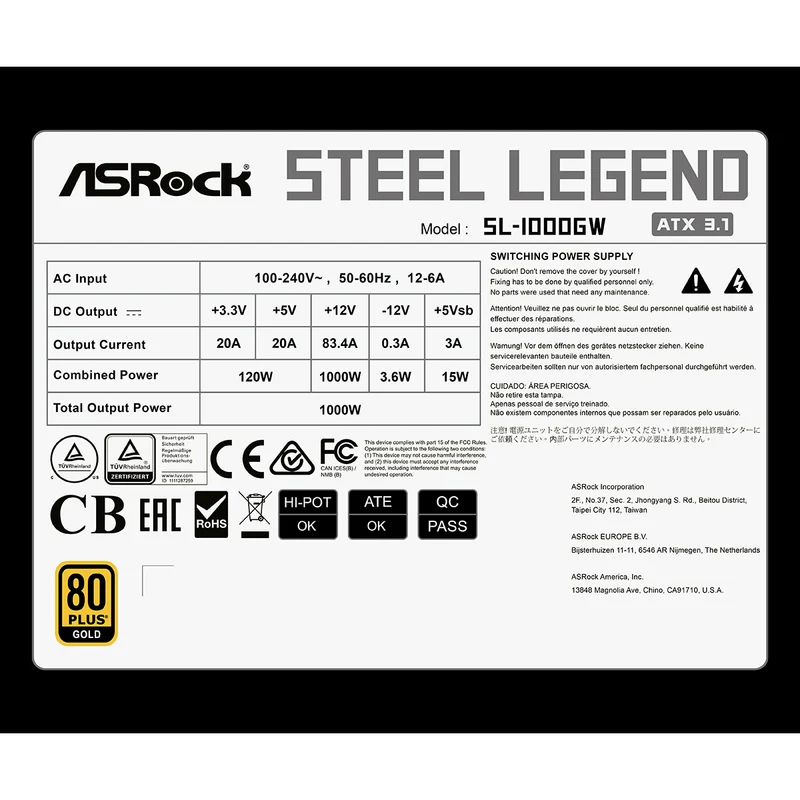 ASRock Steel Legend SL-1000GW 1000W 80+ Gold & Cybenetics Platinum ATX 3.1 PCIe 5.1 Full Modular Power Supply (White)