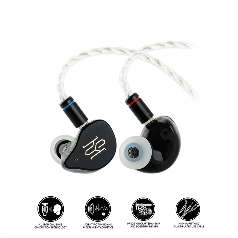 SIMGOT SuperMix 5 1BC + 1DD + 2BA + 1MP Hybrid In-Ear Monitor with 2Pin Bone Conduction Hi-Fi Earphone, Dual Hi-Fi & Gaming Tuning, Silver-Plated OCC Modular Cable (Black)
