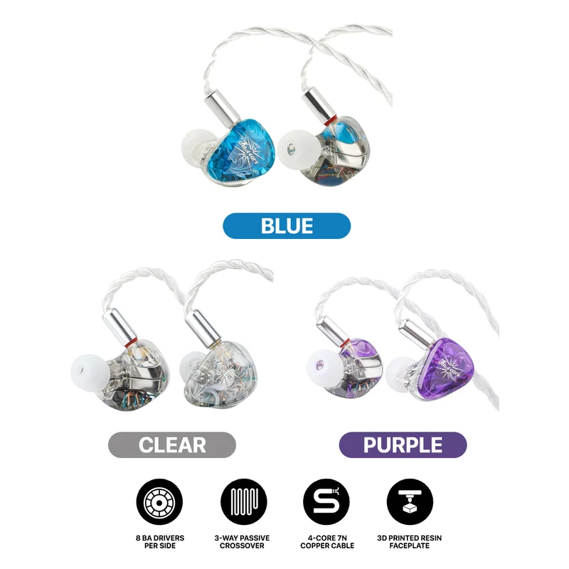 Kiwi Ears Orchestra Lite Performance Custom 8BA in-Ear Monitor with Detachable 4-core 7N Oxygen-Free Copper OFC Cable (Purple, Blue, Clear)