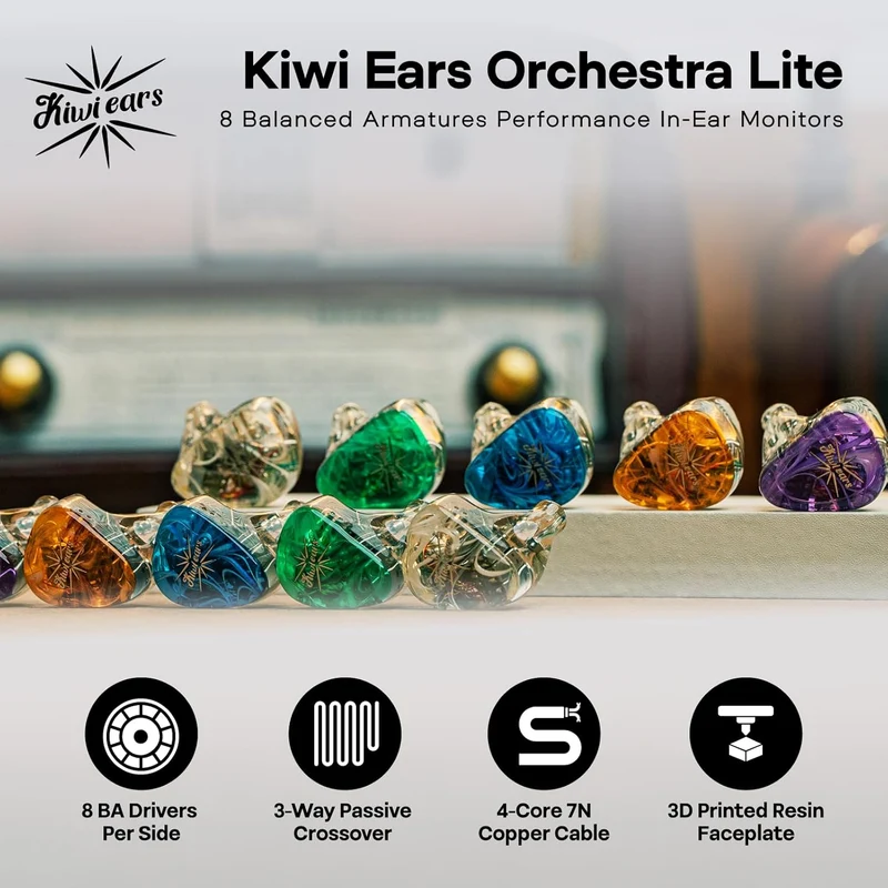 Kiwi Ears Orchestra Lite Performance Custom 8BA in-Ear Monitor with Detachable 4-core 7N Oxygen-Free Copper OFC Cable (Purple, Blue, Clear)