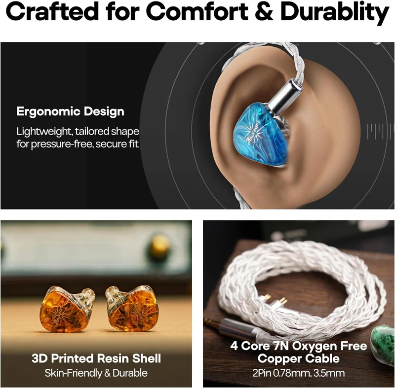 Kiwi Ears Orchestra Lite Performance Custom 8BA in-Ear Monitor with Detachable 4-core 7N Oxygen-Free Copper OFC Cable (Purple, Blue, Clear)
