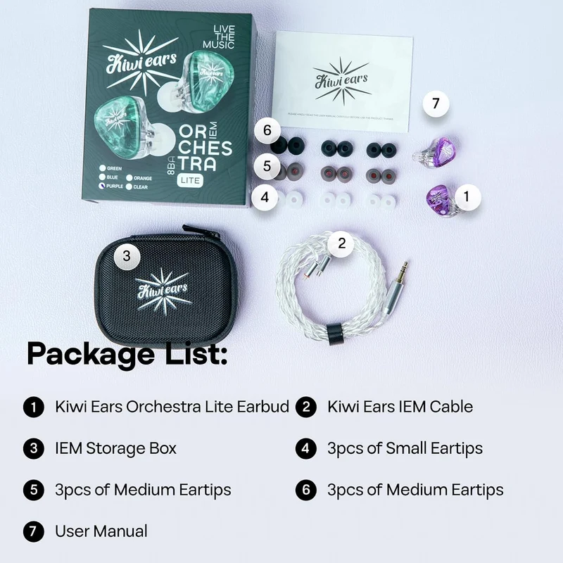Kiwi Ears Orchestra Lite Performance Custom 8BA in-Ear Monitor with Detachable 4-core 7N Oxygen-Free Copper OFC Cable (Purple, Blue, Clear)