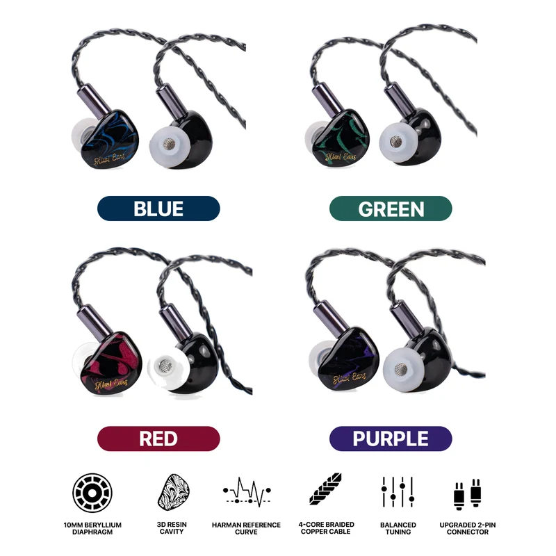Kiwi Ears Cadenza 10mm Beryllium Dynamic Driver In-Ear Monitor (Red, Blue, Green, Purple)