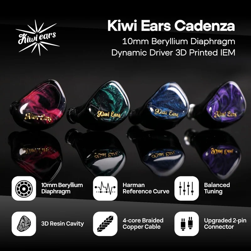 Kiwi Ears Cadenza 10mm Beryllium Dynamic Driver In-Ear Monitor (Red, Blue, Green, Purple)