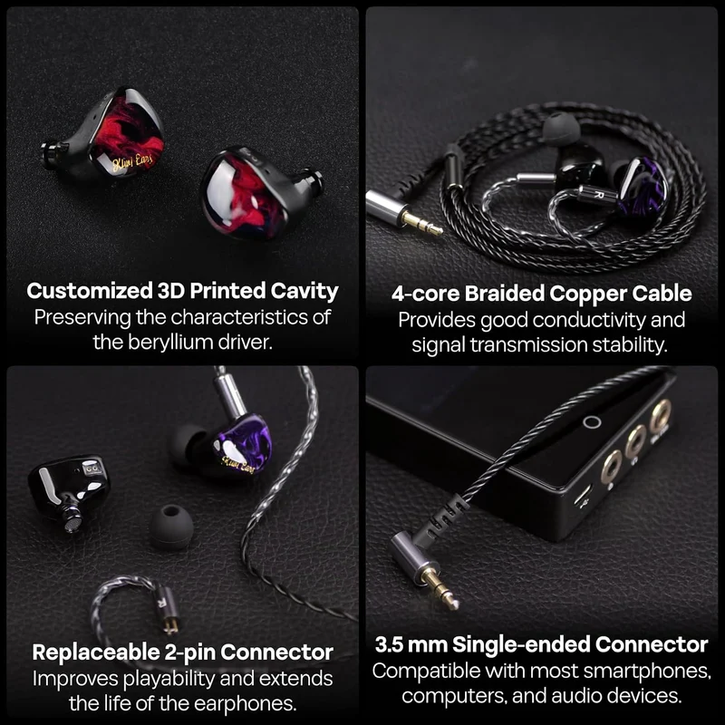 Kiwi Ears Cadenza 10mm Beryllium Dynamic Driver In-Ear Monitor (Red, Blue, Green, Purple)