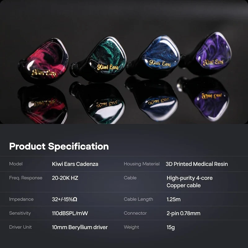 Kiwi Ears Cadenza 10mm Beryllium Dynamic Driver In-Ear Monitor (Red, Blue, Green, Purple)