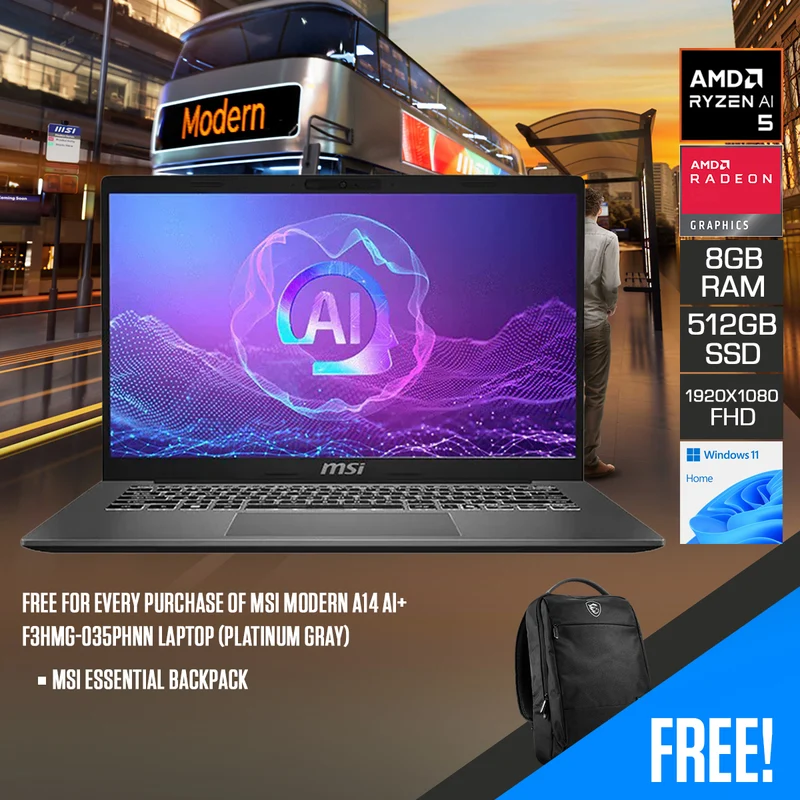 MSI Modern A14 AI+ F3HMG-035PHNN Laptop (Platinum Gray) | 14" FHD (1920x1080) IPS | Ryzen AI 5 330 | 8GB RAM | 512GB SSD | AMD Radeon Graphics | Windows 11 Home | MSI Essential Backpack
