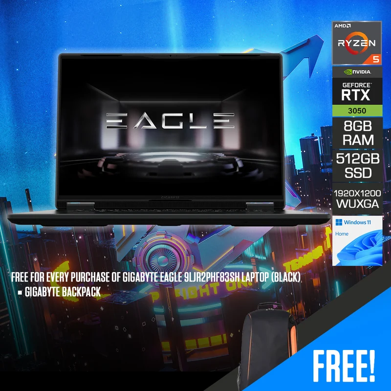 Gigabyte Eagle 9LJR2PHF83SH Laptop (Black) | 16 FHD+ (1920x1200) 165Hz WUXGA | Ryzen 5 7533HS | 8GB RAM | 512GB SSD | RTX 3050 | Windows 11 | Gigabyte Backpack