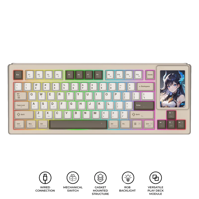 Redragon K754BKN POPVU87 Customizable Smart Touch Display Wired Mechanical Keyboard (Brown/Khaki/White)