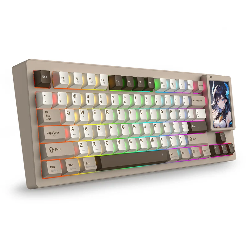 Redragon K754BKN POPVU87 Customizable Smart Touch Display Wired Mechanical Keyboard (Brown/Khaki/White)