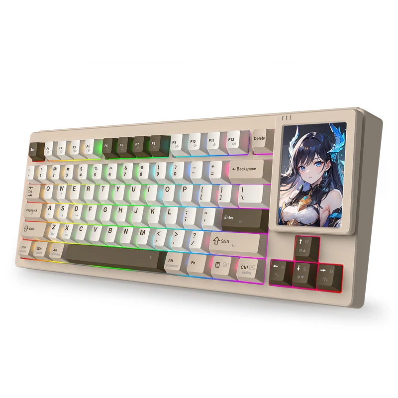 Redragon K754BKN POPVU87 Customizable Smart Touch Display Wired Mechanical Keyboard (Brown/Khaki/White)