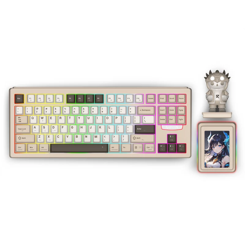 Redragon K754BKN POPVU87 Customizable Smart Touch Display Wired Mechanical Keyboard (Brown/Khaki/White)