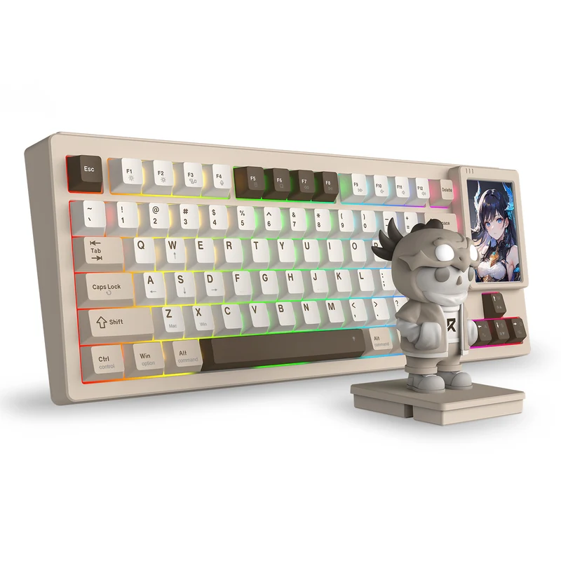 Redragon K754BKN POPVU87 Customizable Smart Touch Display Wired Mechanical Keyboard (Brown/Khaki/White)