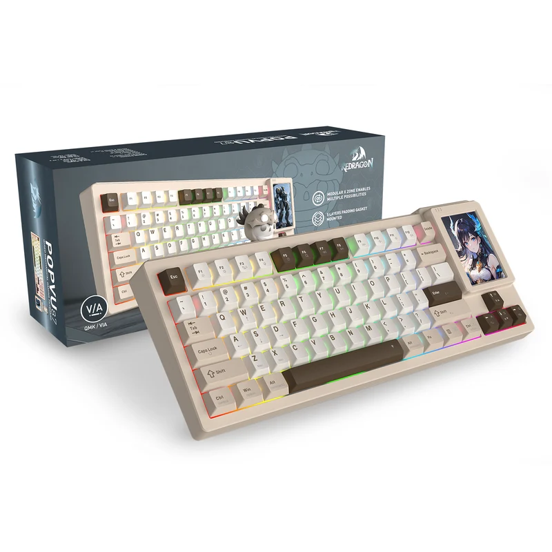 Redragon K754BKN POPVU87 Customizable Smart Touch Display Wired Mechanical Keyboard (Brown/Khaki/White)