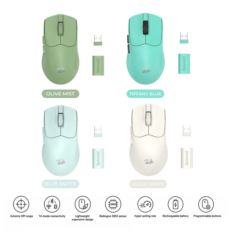 Redragon M933-Ult Axion Dual 8K Tri-Mode Wireless Lightweight Gaming Mouse (Olive Mist, Cloud White, Tiffany Blue, Blue Matte)
