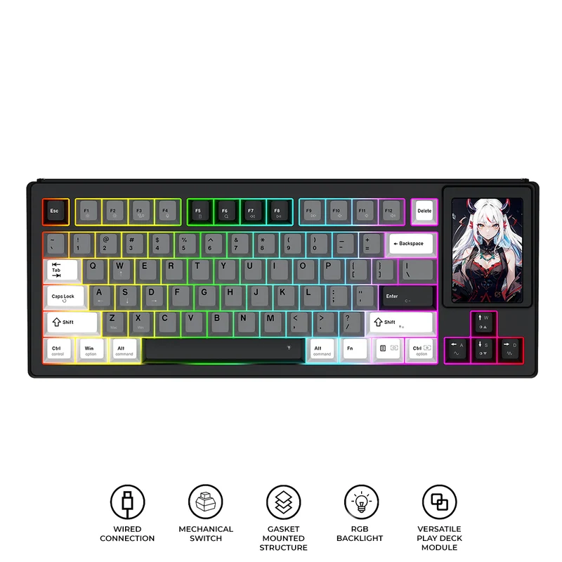 Redragon K754WGB POPVU87 Customizable Smart Touch Display Wired Mechanical Keyboard (White/Grey/Black)