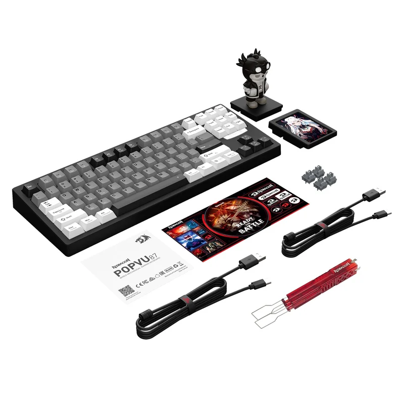 Redragon K754WGB POPVU87 Customizable Smart Touch Display Wired Mechanical Keyboard (White/Grey/Black)