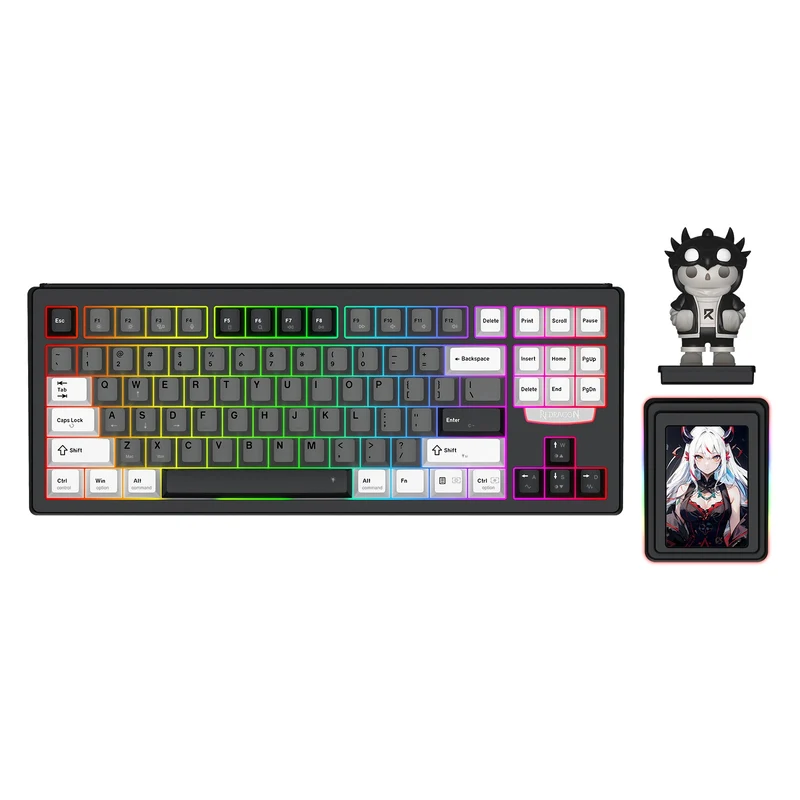 Redragon K754WGB POPVU87 Customizable Smart Touch Display Wired Mechanical Keyboard (White/Grey/Black)