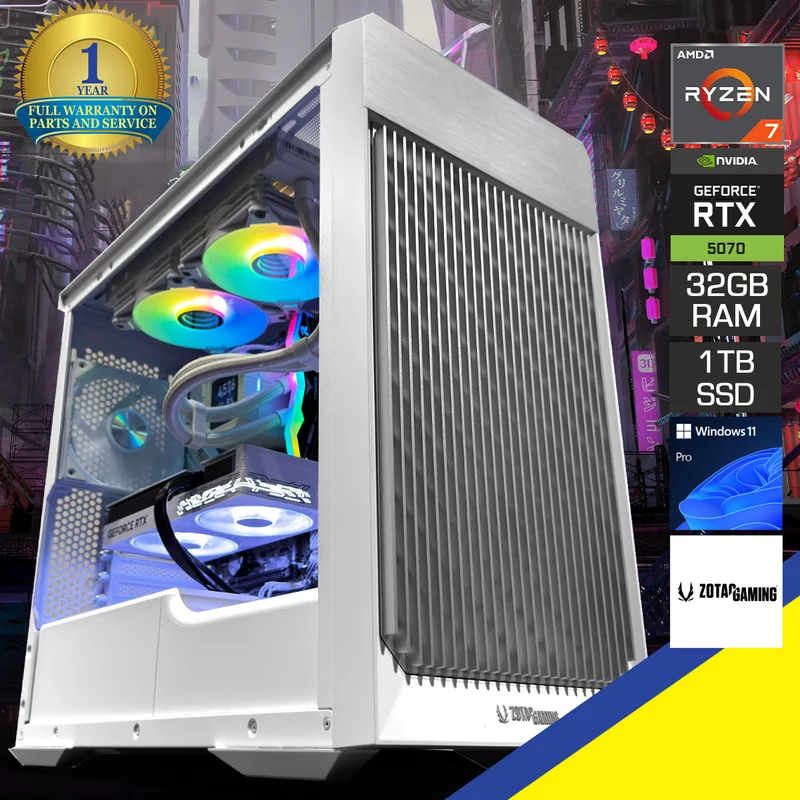 Optima Silver Alloy White Desktop Gaming PC | AMD Ryzen 7 7800X3D | 32GB (2x16GB) RAM | 1TB SSD | RTX 5070 | Windows 11 Pro