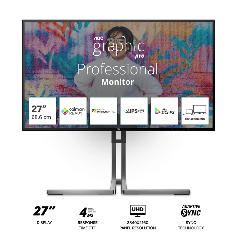 AOC Graphic Pro U27U3CV/71 27" 4K UHD (3840x2160) 60Hz 4ms GtG IPS Nano Color DISPLAYHDR 400 Adaptive Sync Monitor with Height / Tilt / Swivel / Pivot Adjustment