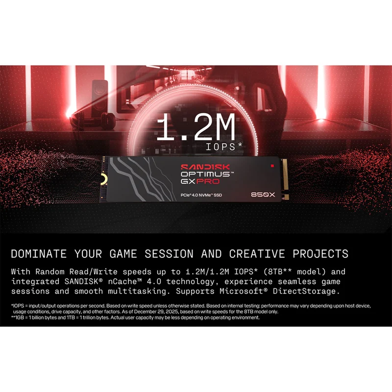 Sandisk Optimus GX Pro 850X 1TB 7300MB/s Read M.2 2280 PCIe 4.0x4 NVMe SSD - Without Heatsink (SDSP81100TAN-000E0)