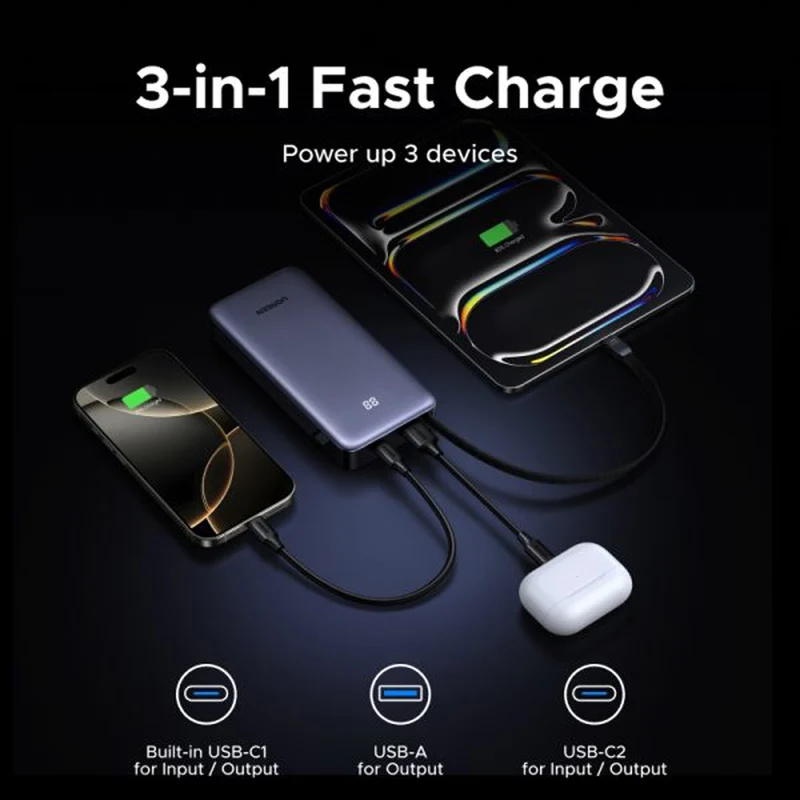 Ugreen Nexode 20000mAh 55W Fast Charging Power Bank with Built-in USB-C Braided Cable (Space Gray) (PB537/95178B)