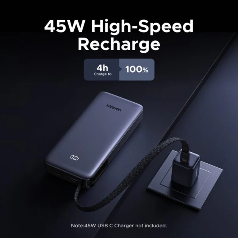 Ugreen Nexode 20000mAh 55W Fast Charging Power Bank with Built-in USB-C Braided Cable (Space Gray) (PB537/95178B)
