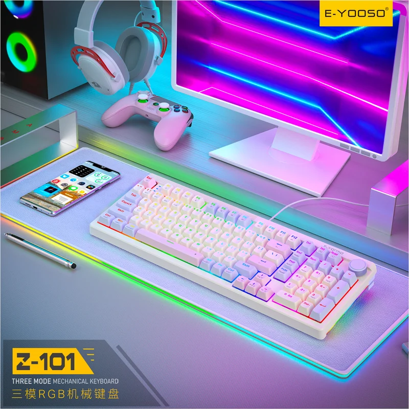 E-Yooso Z-101 RGB 101 Keys Tri-Mode Hot-Swappable Mechanical Keyboard White/Pink/Purple (Silverwood Switch)