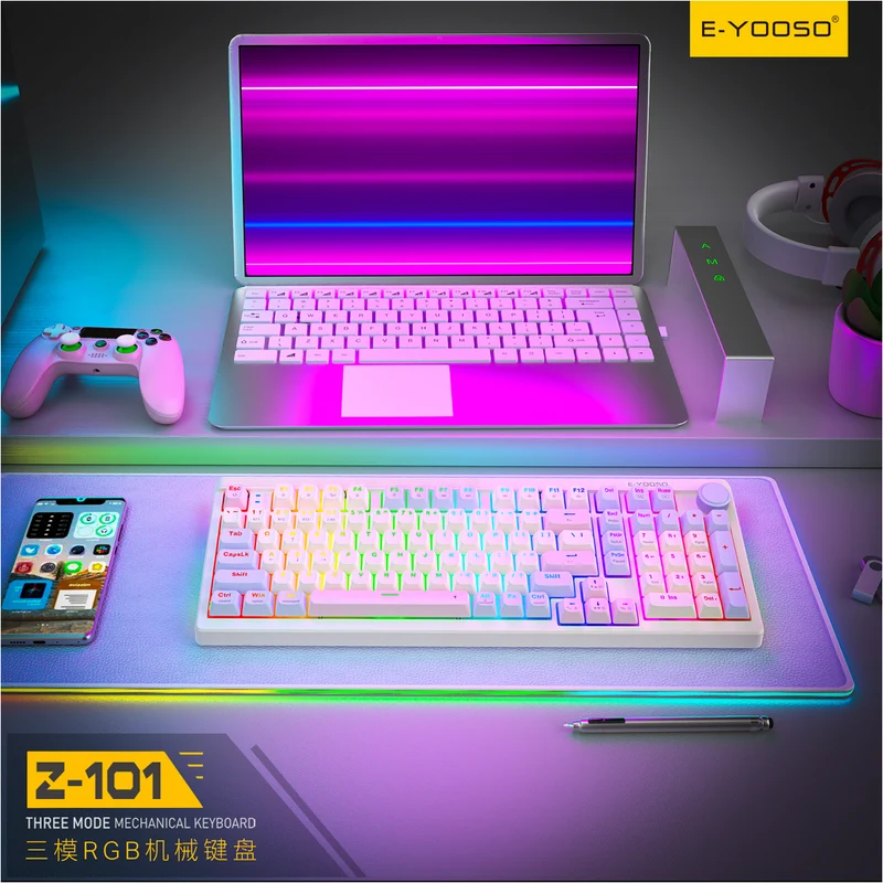 E-Yooso Z-101 RGB 101 Keys Tri-Mode Hot-Swappable Mechanical Keyboard White/Pink/Purple (Silverwood Switch)