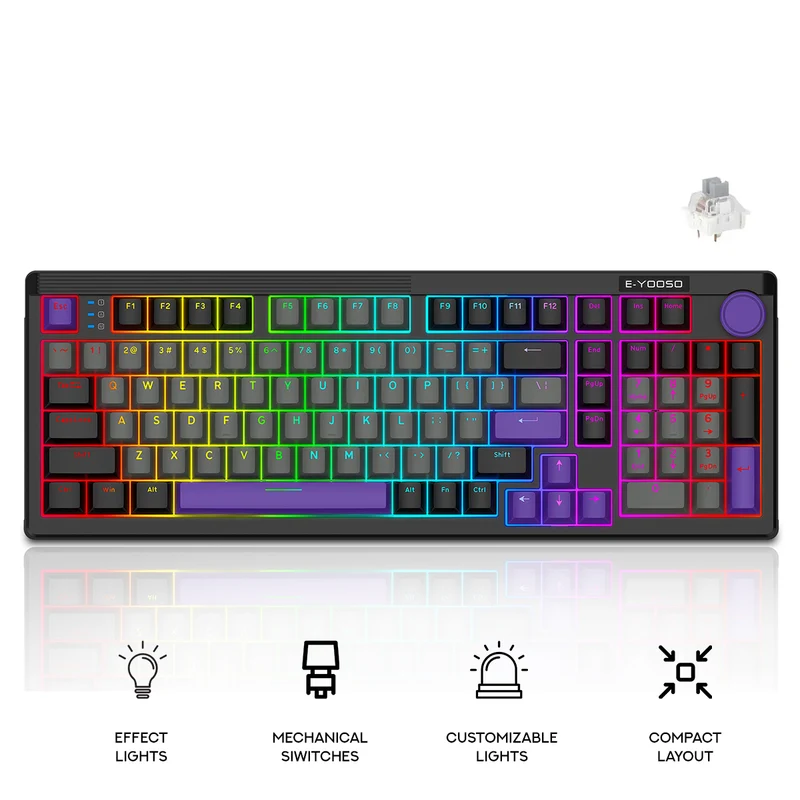 E-Yooso Z-101 RGB 101 Keys Tri-Mode Hot-Swappable Mechanical Keyboard Grey/Black/Purple (Silverwood Switch)