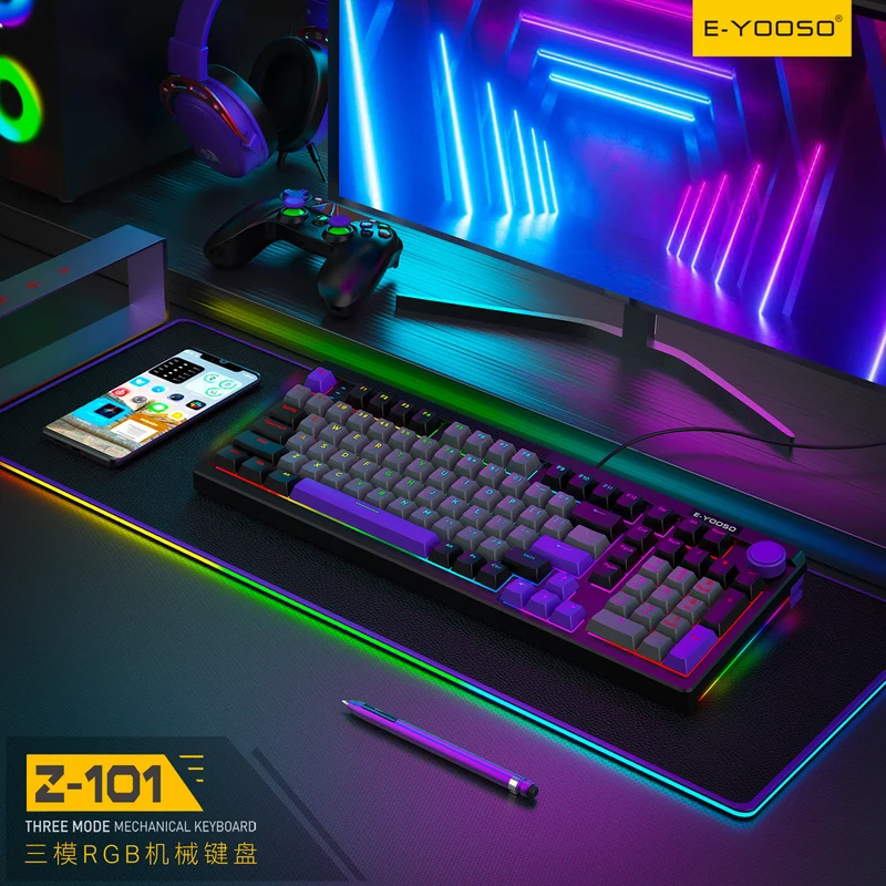 E-Yooso Z-101 RGB 101 Keys Tri-Mode Hot-Swappable Mechanical Keyboard Grey/Black/Purple (Silverwood Switch)
