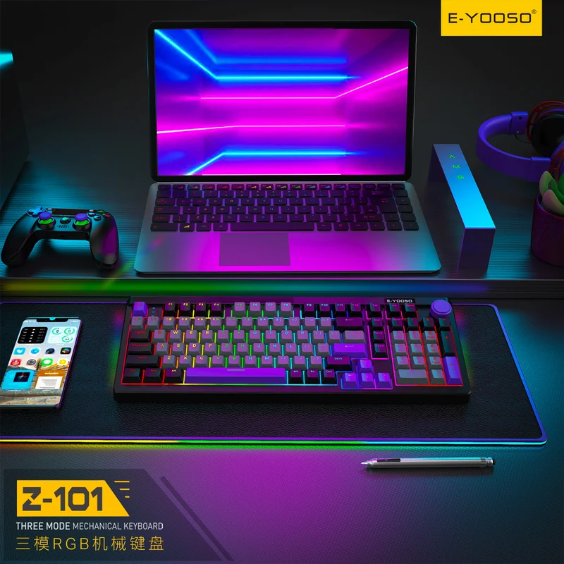 E-Yooso Z-101 RGB 101 Keys Tri-Mode Hot-Swappable Mechanical Keyboard Grey/Black/Purple (Silverwood Switch)