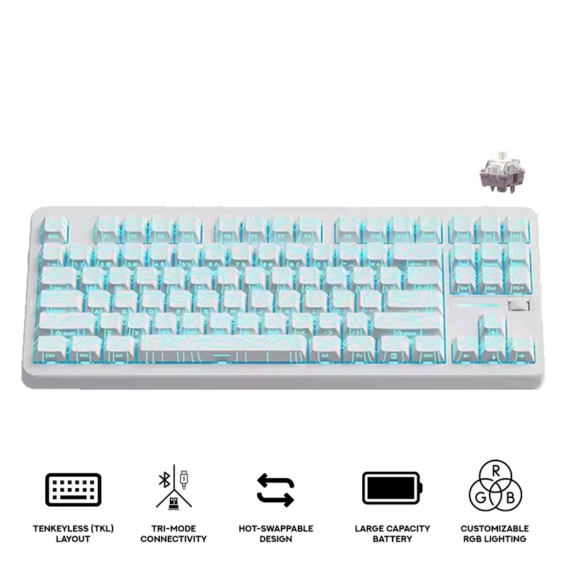 MCHOSE G87 V2 RGB Tri-Mode Hot-Swappable Mechanical Keyboard (White Equal Height Solid Line) (Quick Gold Switch V3)
