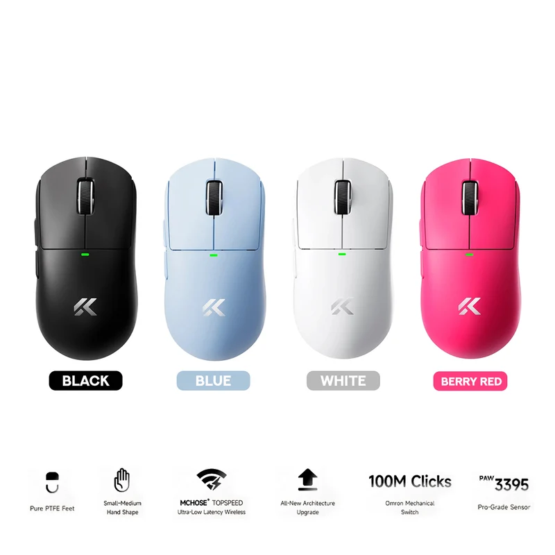 MCHOSE A5 V3 Ultralight 8K Wireless Ergonomic Gaming Mouse (Black, Blue, White, Berry Red)