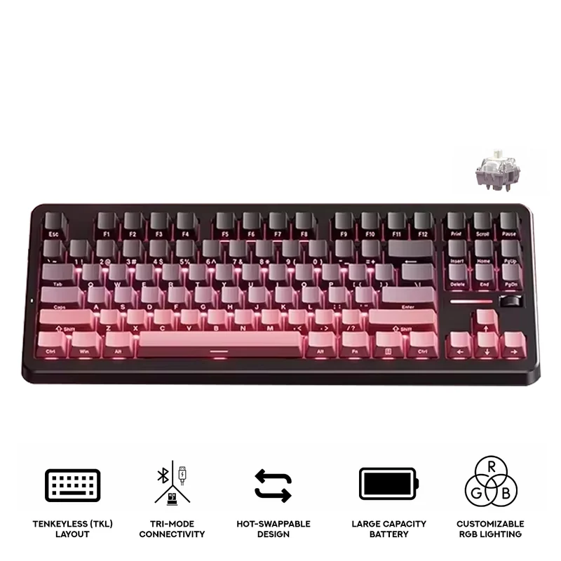 MCHOSE G87 V2 RGB Tri-Mode Hot-Swappable Mechanical Keyboard (Blackberry Pink) (Quick Gold Switch V3)