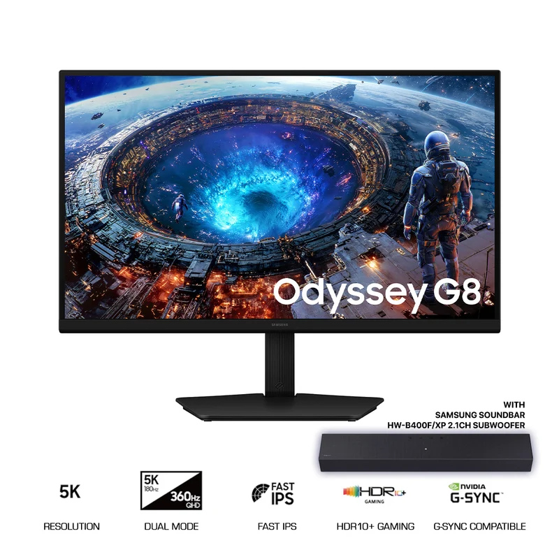 Samsung Odyssey G8 LS27HG806EFXXP 27" 5K (5120x2880 / DLG 2560x1440) Dual Mode (Max 5K 180Hz / QHD 360Hz) 1ms GTG IPS Gaming Monitor with Tilt/ Height/ Pivot/ Swivel Adjustment + Samsung Soundbar HW-B400F/XP 2.1ch Subwoofer