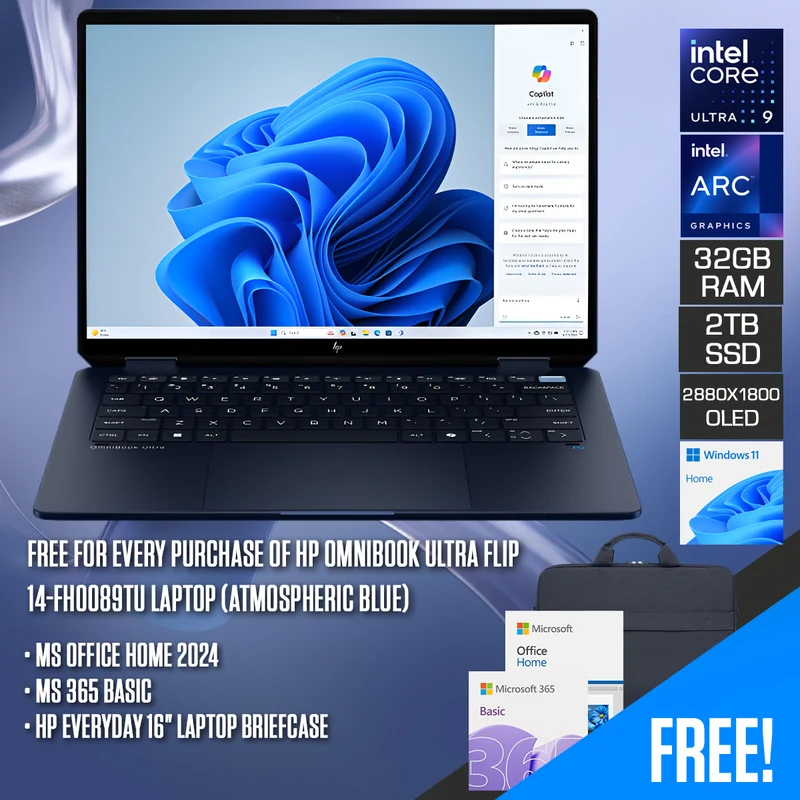 HP OmniBook Ultra Flip 14-fh0089TU Laptop (Atmospheric Blue) | 14" 2.8K (2880x1800) 120Hz OLED Touch | Intel Core Ultra 9 288V | 32GB RAM | 2TB SSD | Intel Arc Graphics | Windows 11 Home | MS Office Home 2024+MS 365 Basic+HP Everyday 16" Laptop Briefcase