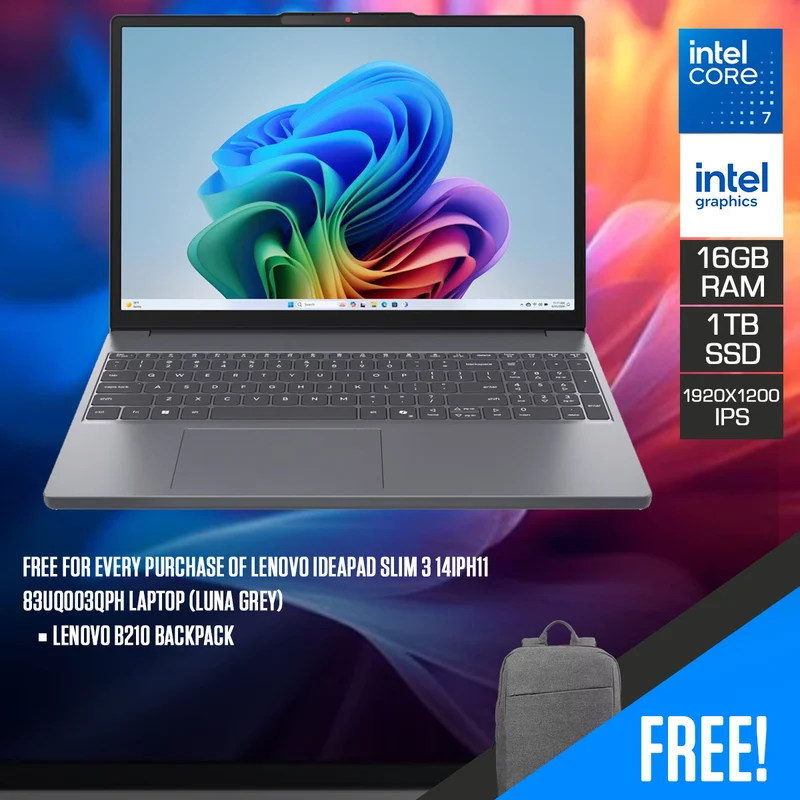 Lenovo IdeaPad Slim 3 15IWC11 83RR00LHPH Laptop (Luna Grey) | 15.3" WUXGA (1920x1200) IPS | Intel Core 7 350 | 16GB RAM | 1TB SSD | Intel Graphics | Lenovo B210 Backpack