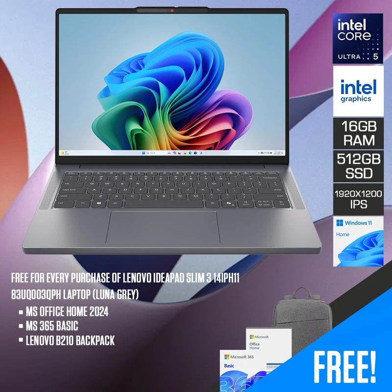 Lenovo IdeaPad Slim 3 14IPH11 83UQ003QPH Laptop (Luna Grey) | 14.0" WUXGA (1920x1200) IPS | Core Ultra 5 322 | 16GB RAM | 512GB SSD | Intel Graphics | Windows 11 Home | Office Home 2024 + Microsoft 365 Basic + Lenovo B210 Backpack