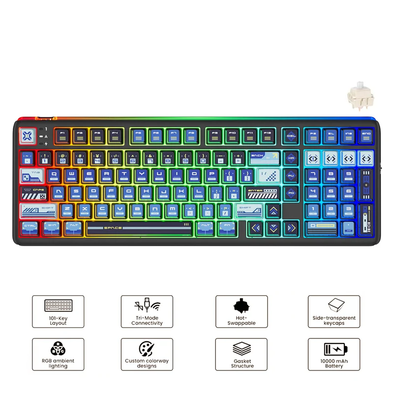 Royal Kludge RK R99 Tri-Mode RGB 101 Keys Hot-Swappable Mechanical Keyboard Slide (Cream Switch)